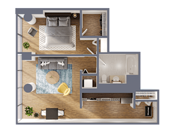 A top-down view of a house layout with a living room, two bedrooms, a kitchen, and a bathroom.