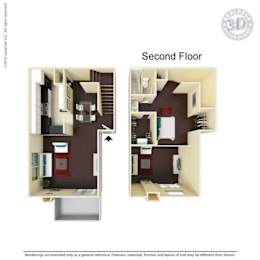A 3D floor plan of a second floor apartment layout.