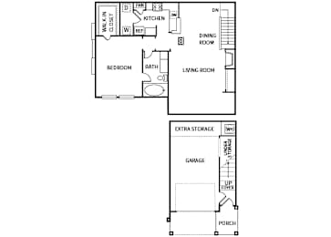 A floor plan of a house with a living room, dining room, kitchen, bedroom, bathroom, and garage.
