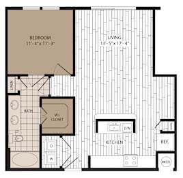 A floor plan of a room with a bedroom, bathroom, kitchen, and closet.