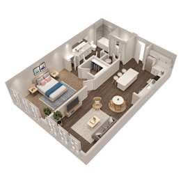 A 3D image of a small apartment with a bedroom, living room, and kitchen.