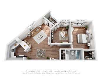 A 3D floor plan of a house with a kitchen, living room, and two bedrooms.
