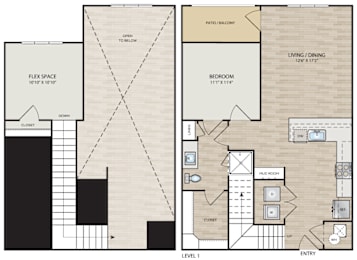A floor plan shows a living area, a bedroom, a flex space, and a mudroom.