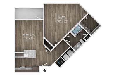 A floor plan of a room with a kitchen, living room, and bathroom.