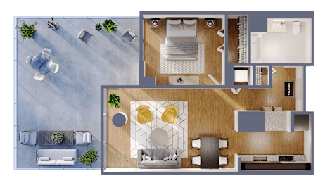 A top-down view of a modern living space with a kitchen, dining area, and bathroom.