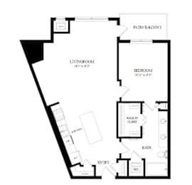 A black and white image of a house floor plan with a living room, kitchen, bath, and bedroom.