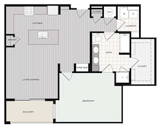 A floor plan of a house with a kitchen, living room, dining room, pantry, bathroom, laundry, and balcony.