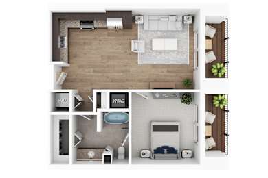 A top-down view of a modern apartment layout.