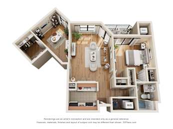 A 3D floor plan of a house layout.