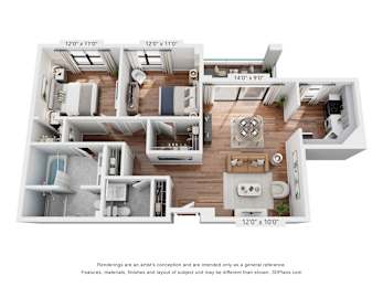 A 3D floor plan of a house with a kitchen, living room, and bathroom.