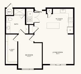 A floor plan of a house with a kitchen, living room, bathroom, and bedroom.