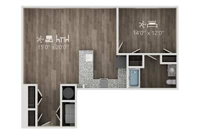 A floor plan of a room with a bathroom and a kitchen area.