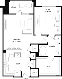 A floor plan of a house layout with a living room, dining room, kitchen, and bathrooms.