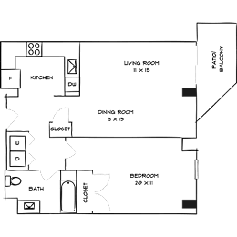 A floor plan of a house with a living room, dining room, kitchen, bedroom, and bathroom.