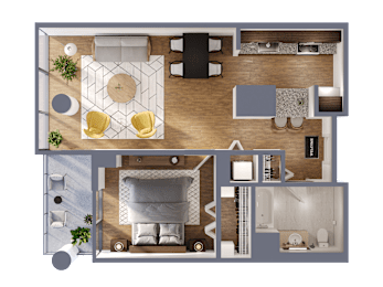 A top-down view of a modern apartment layout with a living room, dining area, kitchen, and bedrooms.