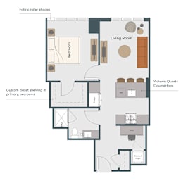 A floor plan of a living space with a living room, bedroom, and countertops.
