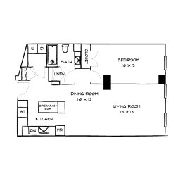 A floor plan of a house with a dining room, living room, kitchen, and bedrooms.