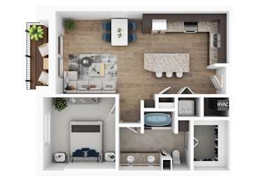 A top-down view of a small apartment layout with a living room, kitchen, and bedroom.