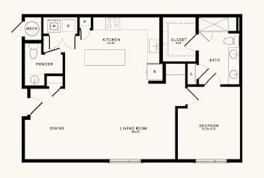 A black and white floor plan of a house with a kitchen, dining area, living room, powder room, bedroom, and closet.