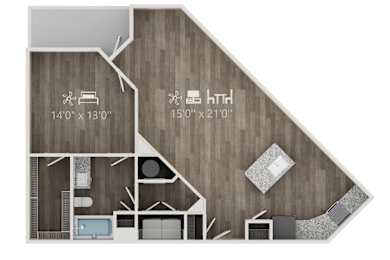 A top-down view of a living room with a dining area and kitchen.