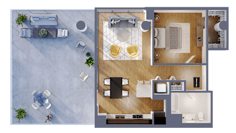 A top-down view of a house layout with a living room, kitchen, and dining area.
