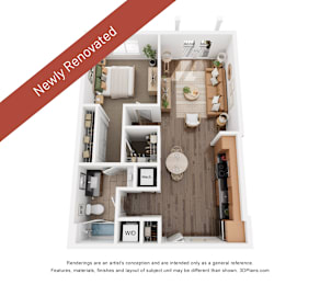 A 3D floor plan of a newly renovated apartment.