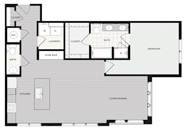 A floor plan of a house with a living room, dining room, kitchen, and bedrooms.