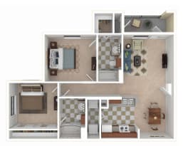 A floor plan of a small apartment with a kitchen, living room, and two bathrooms.