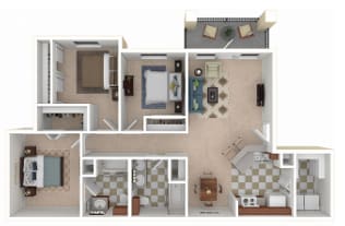 A floor plan of a house with a kitchen, living room, and two bedrooms.