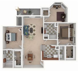 A floor plan of a house with a kitchen, living room, and two bedrooms.