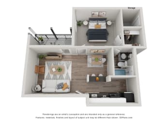 a stylized floor plan of a 1 bedroom apartment