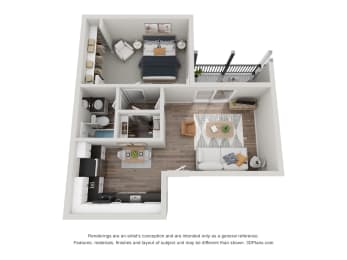 a stylized floor plan with a bedroom and a living room