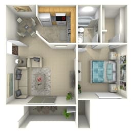 a 3d rendering of a house with a bathroom and a living room