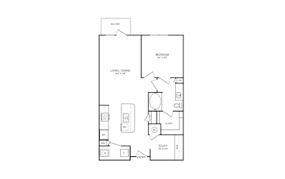 A floor plan of an apartment with a living room, dining room, kitchen, study, and two bathrooms.
