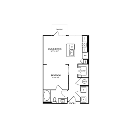 A floor plan of a small apartment with a living area, dining area, and bedroom.