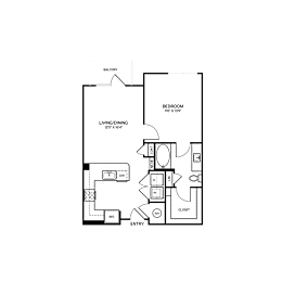 A floor plan of a house with a bedroom, living room, and kitchen.