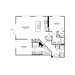 A floor plan of a house with a living room, two bedrooms, a bathroom, and a closet.