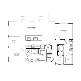 A floor plan of a house with a living room, two bedrooms, a study, a dining room, a balcony, a garage, and a coat closet.