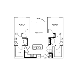 A floor plan of a house with two bedrooms, a living room, and a balcony.