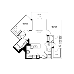 A black and white floor plan of a house with two bedrooms, a living room, a dining room, a kitchen, a bathroom, a laundry room, a pantry, and an entry.