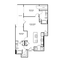 A floor plan of a house with two bedrooms, a living area, and a balcony.