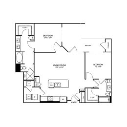 A floor plan of a house with two bedrooms, a living room, a dining room, a kitchen, a bathroom, and a garage.