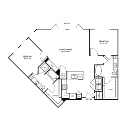 A floor plan of a house with two bedrooms, a living/dining area, a kitchen, a bathroom, a closet, and an entry.
