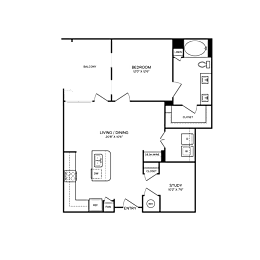 A floor plan of a house with a balcony, bedroom, living room, dining area, study, pantry, and closet.
