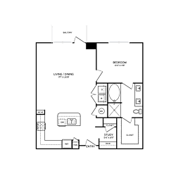 A floor plan of a house with a living room, dining room, study, and bedroom.