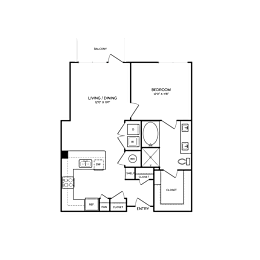 A floor plan of a house with a living room, dining room, two closets, a bedroom, and a balcony.