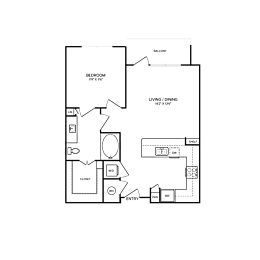 A floor plan of a house with a bedroom, living/dining area, closet, and bathroom.