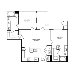 A floor plan of a house with two bedrooms, a living room, and a kitchen.