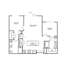 A floor plan of a house with a living room, dining room, two bedrooms, a bathroom, and a kitchen.