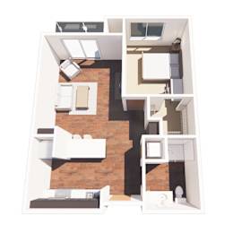 A top-down view of a house layout with a kitchen, living room, and bathroom.